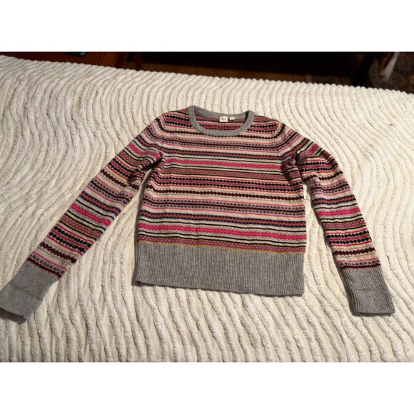 GAP Fair Isle Sweater Women's XS Grey Pink Multi Stripes Pullover Cozy Retro - Picture 3 of 5